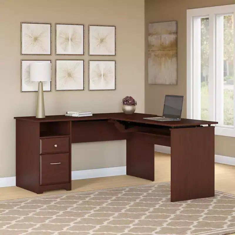 60" L-Shaped Sit-to-Stand Desk – 3 Height Positions, File Drawer, Harvest Cherry