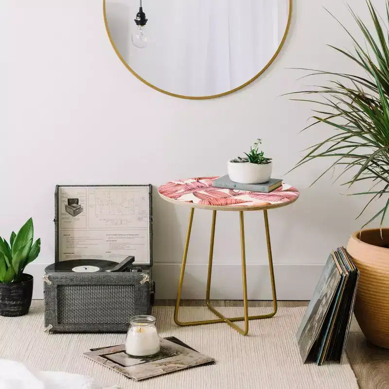 Round Printed Side Table Pink/Gold – 19" Steel Legs, Baltic Birch Top, 80 lb Capacity