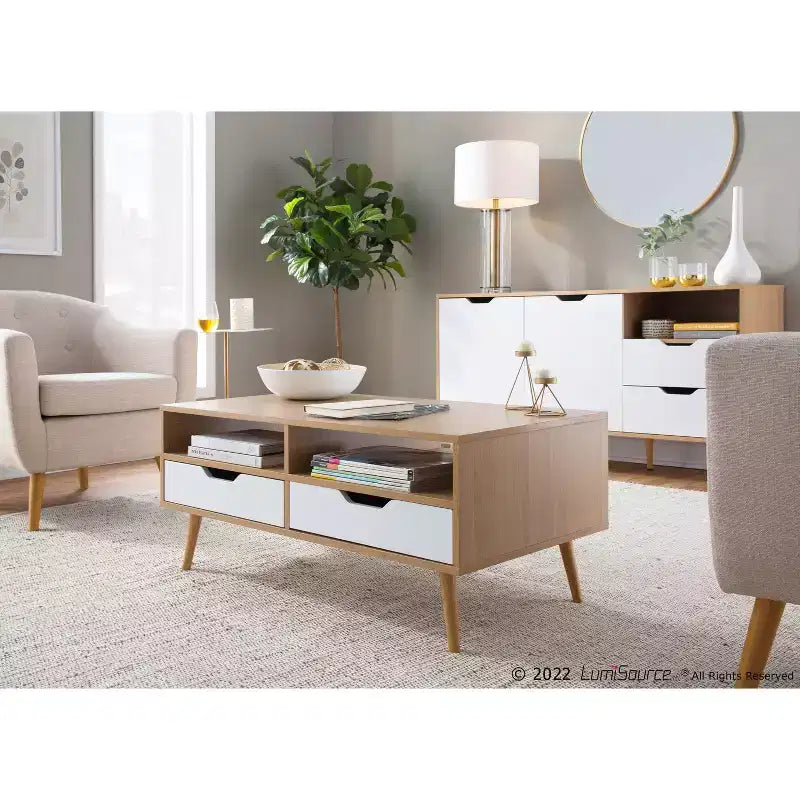Contemporary White Coffee Table with 2 Drawers & 2 Shelves – Wood Composite, 39.5"W