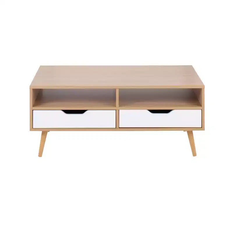 Contemporary White Coffee Table with 2 Drawers & 2 Shelves – Wood Composite, 39.5"W