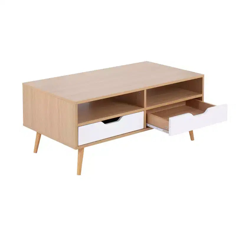 Contemporary White Coffee Table with 2 Drawers & 2 Shelves – Wood Composite, 39.5"W