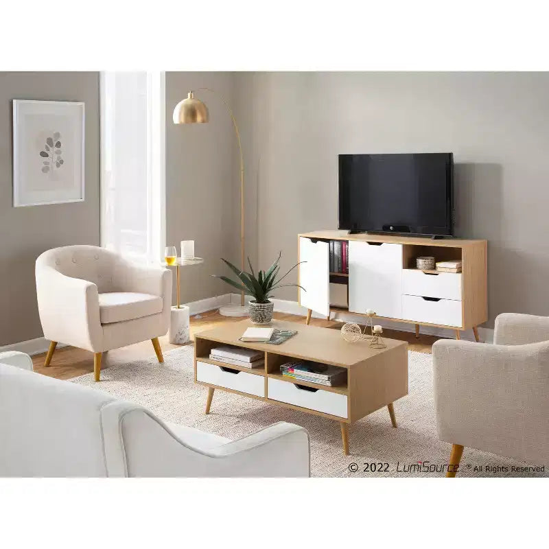 Contemporary White Coffee Table with 2 Drawers & 2 Shelves – Wood Composite, 39.5"W