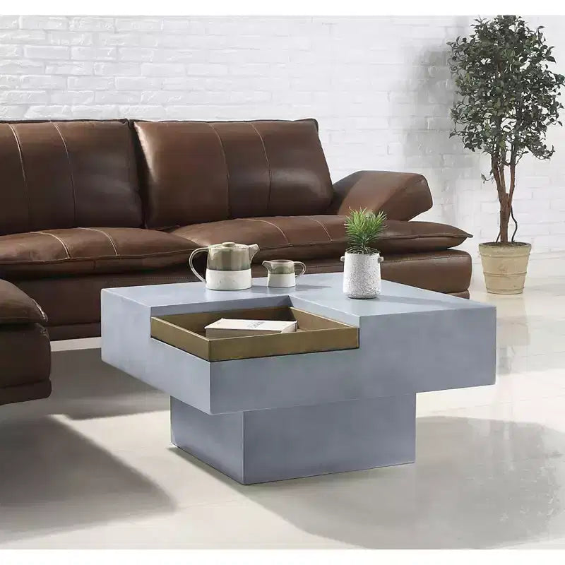 31.5" Square Coffee Table Weathered Gray – Cement Top, Pedestal Base, Removable Tray