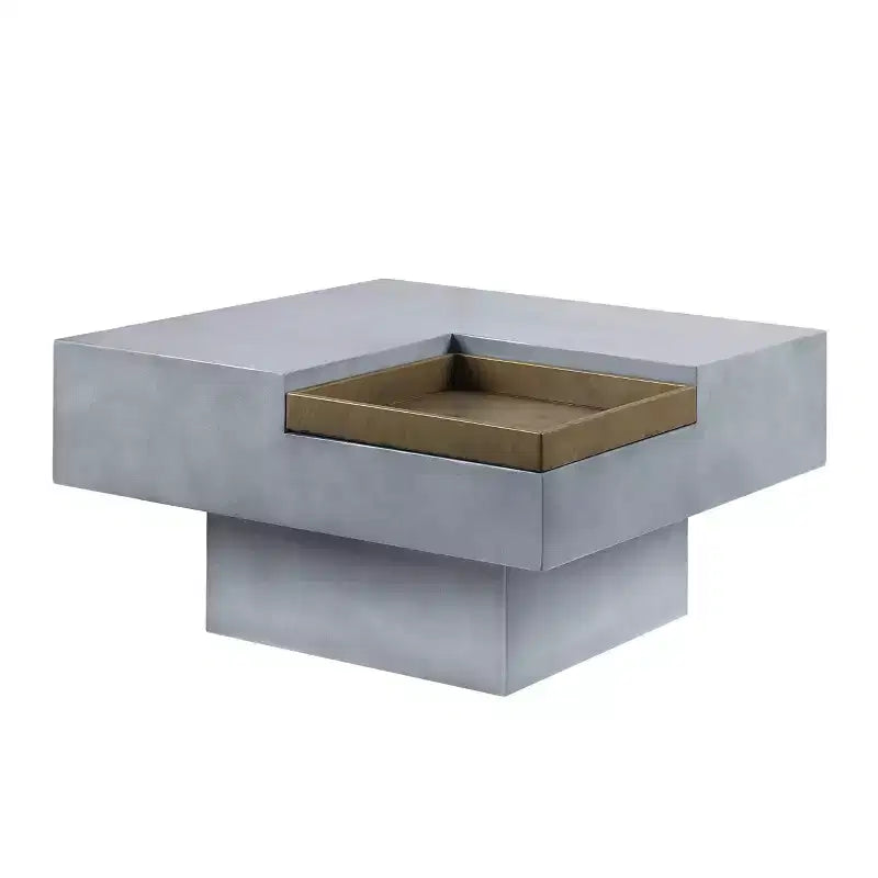 31.5" Square Coffee Table Weathered Gray – Cement Top, Pedestal Base, Removable Tray