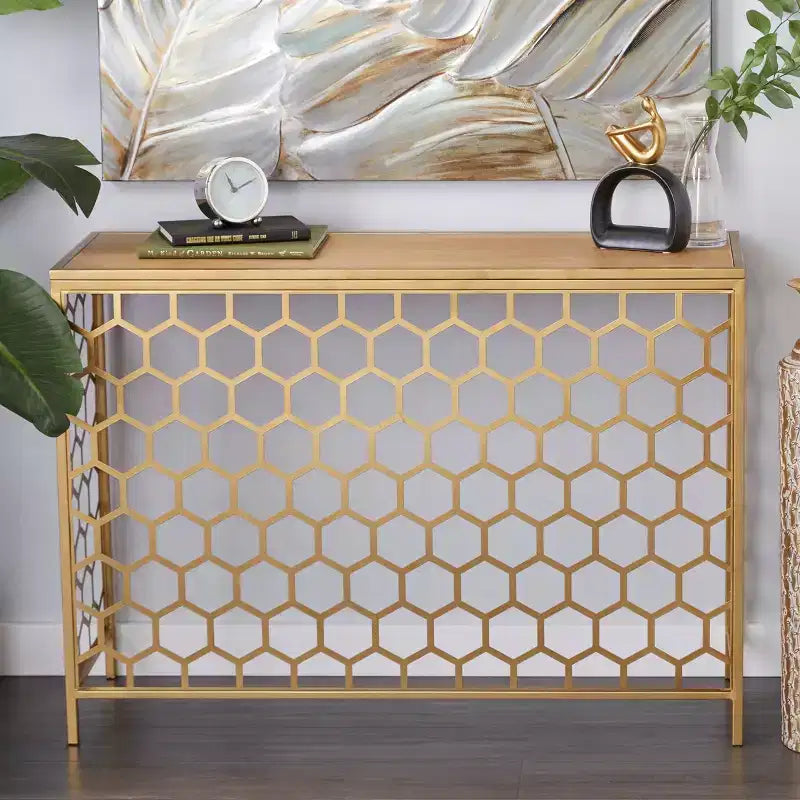 Gold Iron Beehive Pattern Console Table – 42"W, Wood Top, 100 lb Capacity