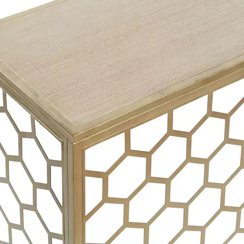 Gold Iron Beehive Pattern Console Table – 42"W, Wood Top, 100 lb Capacity