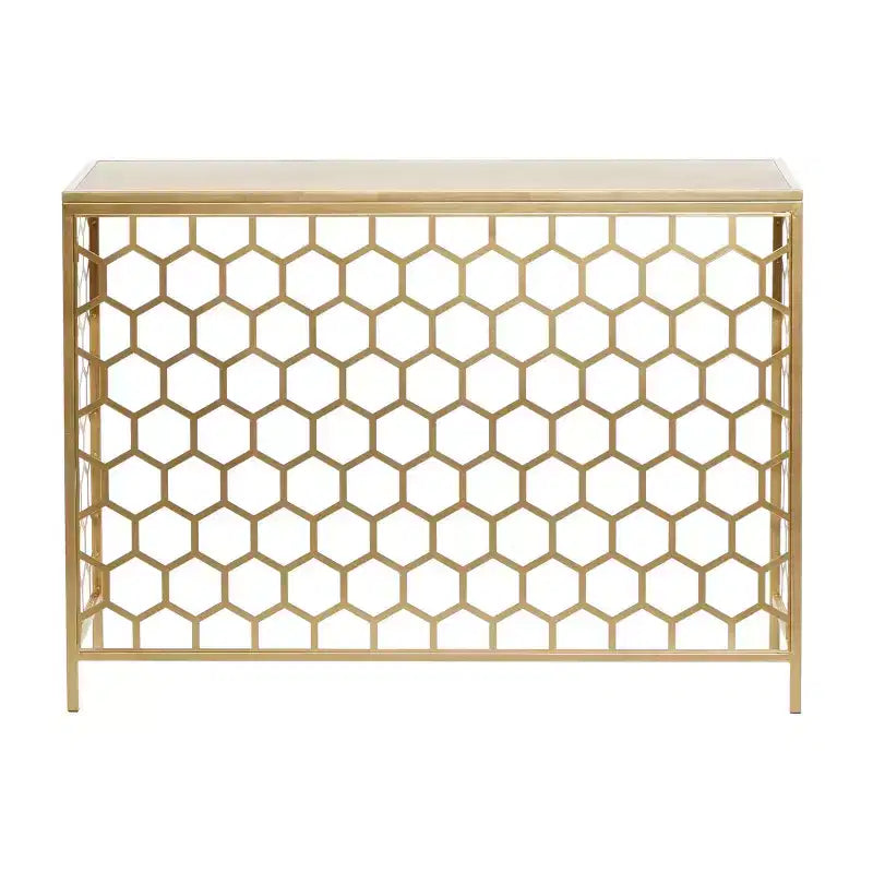 Gold Iron Beehive Pattern Console Table – 42"W, Wood Top, 100 lb Capacity
