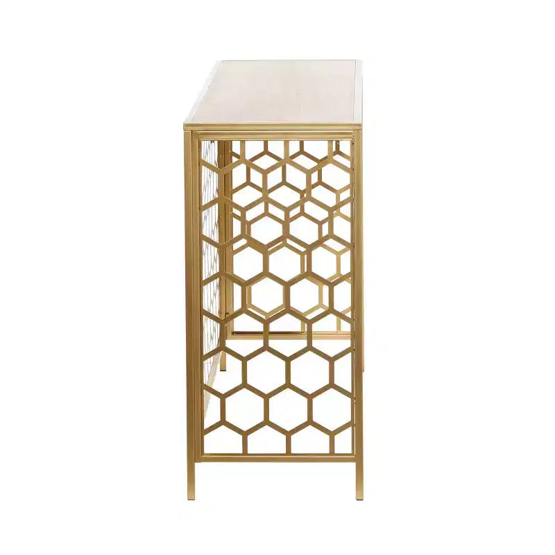 Gold Iron Beehive Pattern Console Table – 42"W, Wood Top, 100 lb Capacity