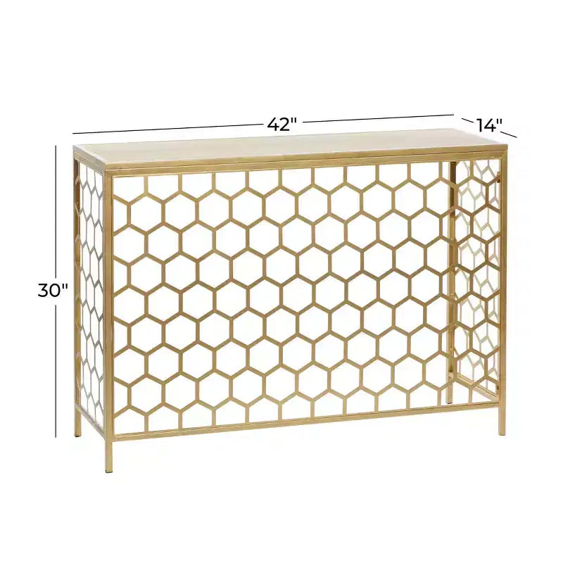 Gold Iron Beehive Pattern Console Table – 42"W, Wood Top, 100 lb Capacity