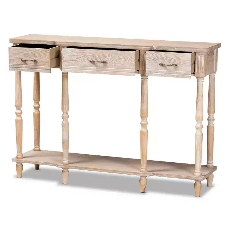 48" Wood Console Table with 3 Drawers & Lower Shelf – Whitewashed Oak Brown