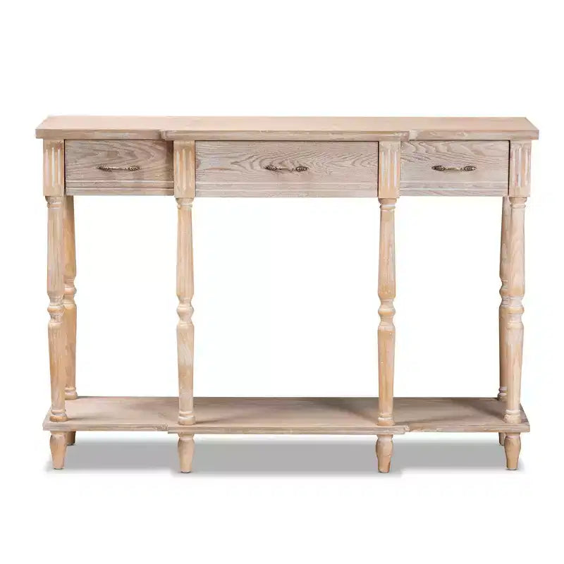48" Wood Console Table with 3 Drawers & Lower Shelf – Whitewashed Oak Brown