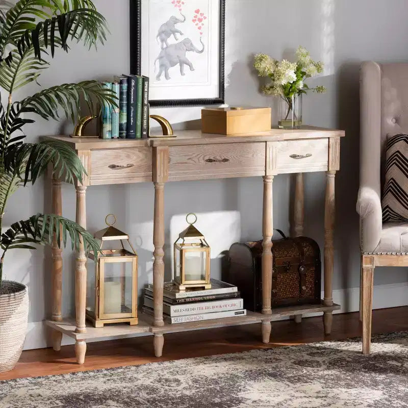 48" Wood Console Table with 3 Drawers & Lower Shelf – Whitewashed Oak Brown