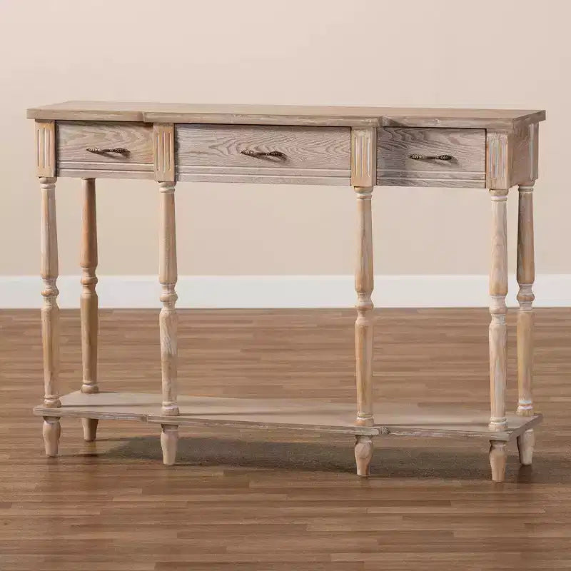 48" Wood Console Table with 3 Drawers & Lower Shelf – Whitewashed Oak Brown