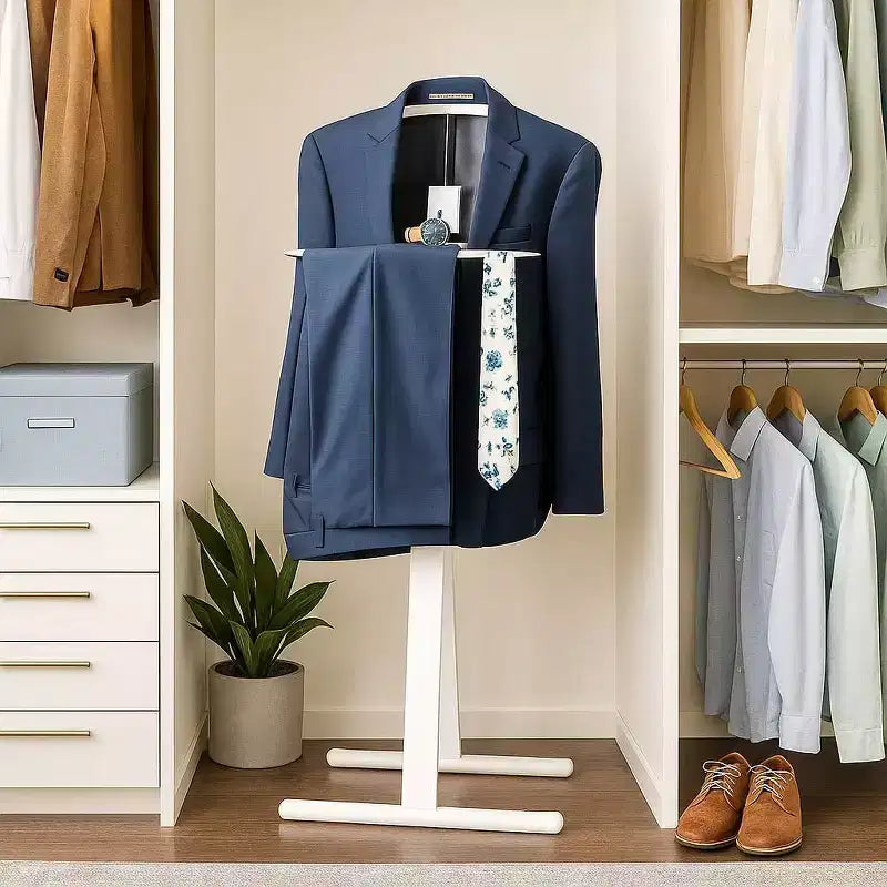 Modern Valet Stand with Chrome Hardware & Dual-Tone Wood Hanger