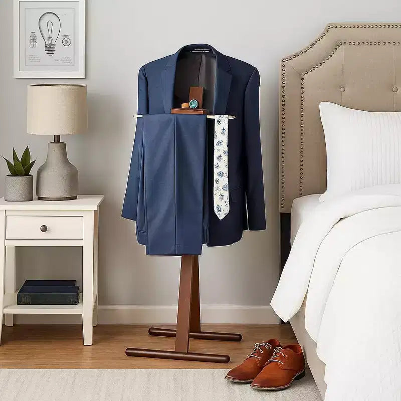 Modern Valet Stand with Chrome Hardware & Dual-Tone Wood Hanger