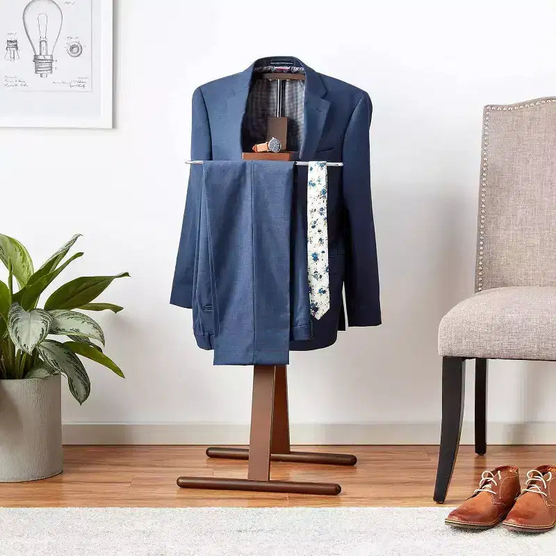 Modern Valet Stand with Chrome Hardware & Dual-Tone Wood Hanger