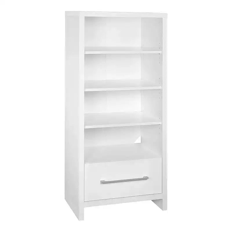 White Media Storage Tower Bookcase with Drawer – 5 Shelves, 2 Pack
