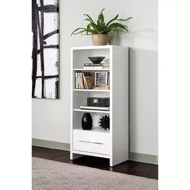 White Media Storage Tower Bookcase with Drawer – 5 Shelves, 2 Pack