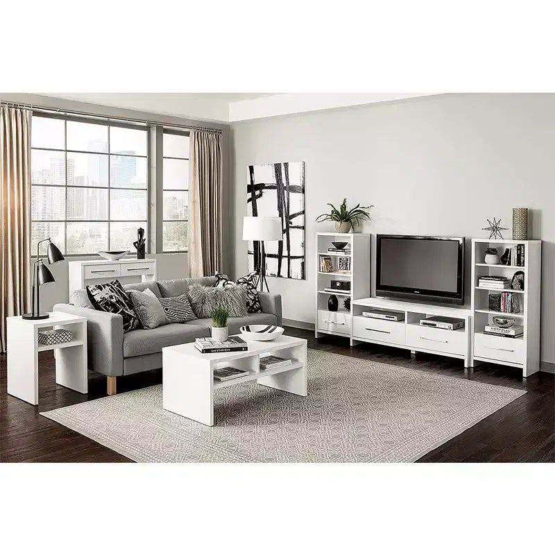 White Media Storage Tower Bookcase with Drawer – 5 Shelves, 2 Pack