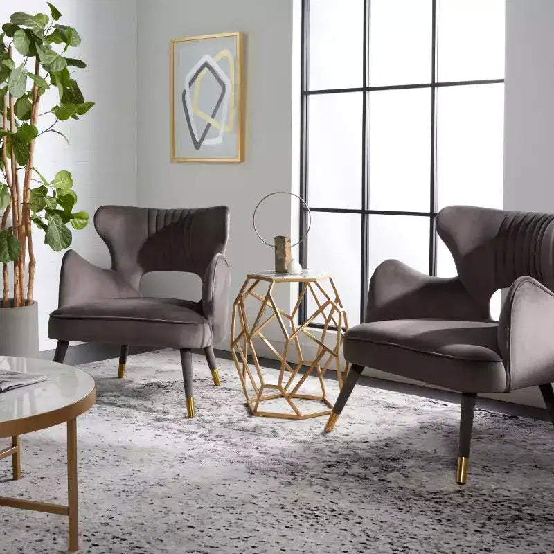 Wingback Accent Chair in Shale & Gold – Velvet Upholstery, Wood Frame, 275 lb Capacity