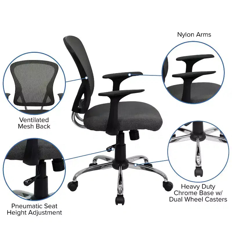 Mid-Back Mesh Swivel Task Office Chair with Chrome Base & Fixed Arms