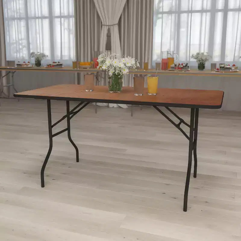 5-Foot Rectangular Wood Folding Banquet Table – Seats 6, 485 lb Capacity, Commercial Grade