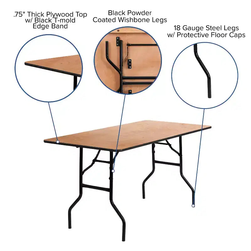 5-Foot Rectangular Wood Folding Banquet Table – Seats 6, 485 lb Capacity, Commercial Grade