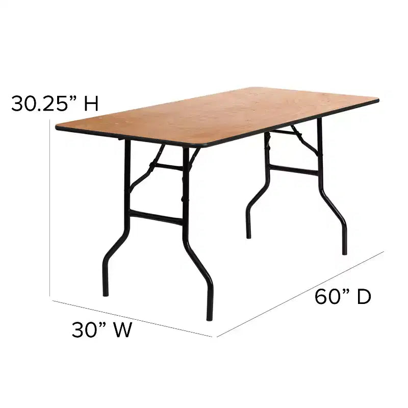 5-Foot Rectangular Wood Folding Banquet Table – Seats 6, 485 lb Capacity, Commercial Grade