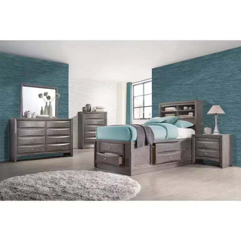 Gray Storage Platform Bed with Headboard Storage & Built-In Drawers – 500 lb Capacity