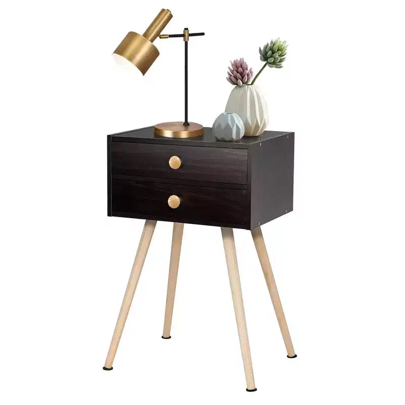 Set of 2 Mid-Century Modern Nightstands with 2 Drawers – Espresso, MDF, 15x11x24"
