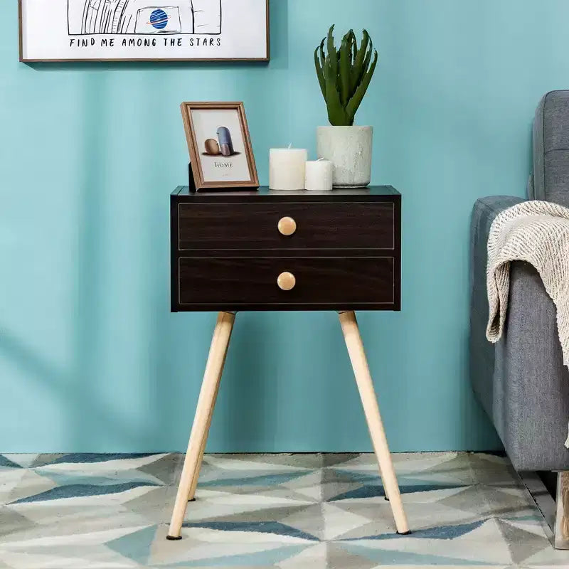 Set of 2 Mid-Century Modern Nightstands with 2 Drawers – Espresso, MDF, 15x11x24"
