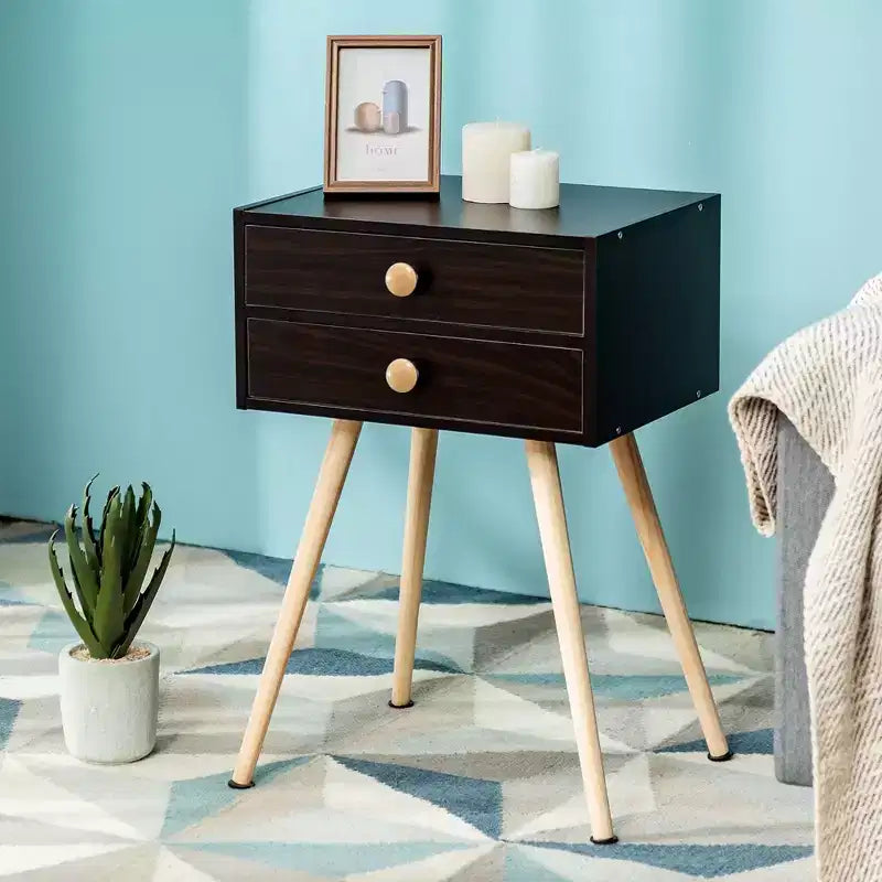 Set of 2 Mid-Century Modern Nightstands with 2 Drawers – Espresso, MDF, 15x11x24"