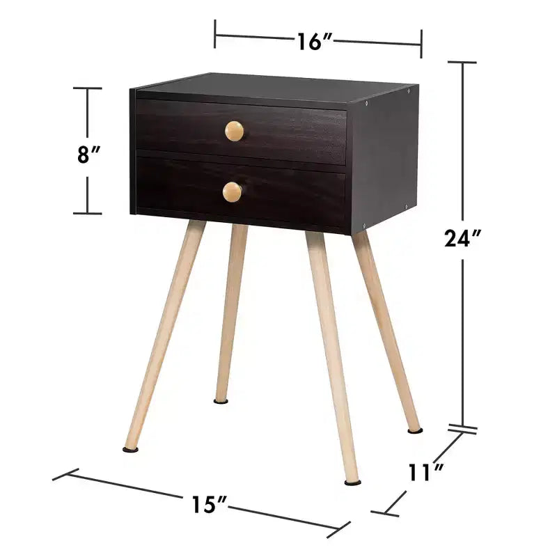 Set of 2 Mid-Century Modern Nightstands with 2 Drawers – Espresso, MDF, 15x11x24"