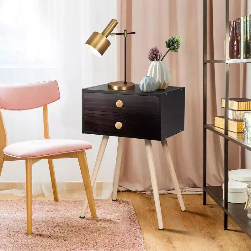 Set of 2 Mid-Century Modern Nightstands with 2 Drawers – Espresso, MDF, 15x11x24"