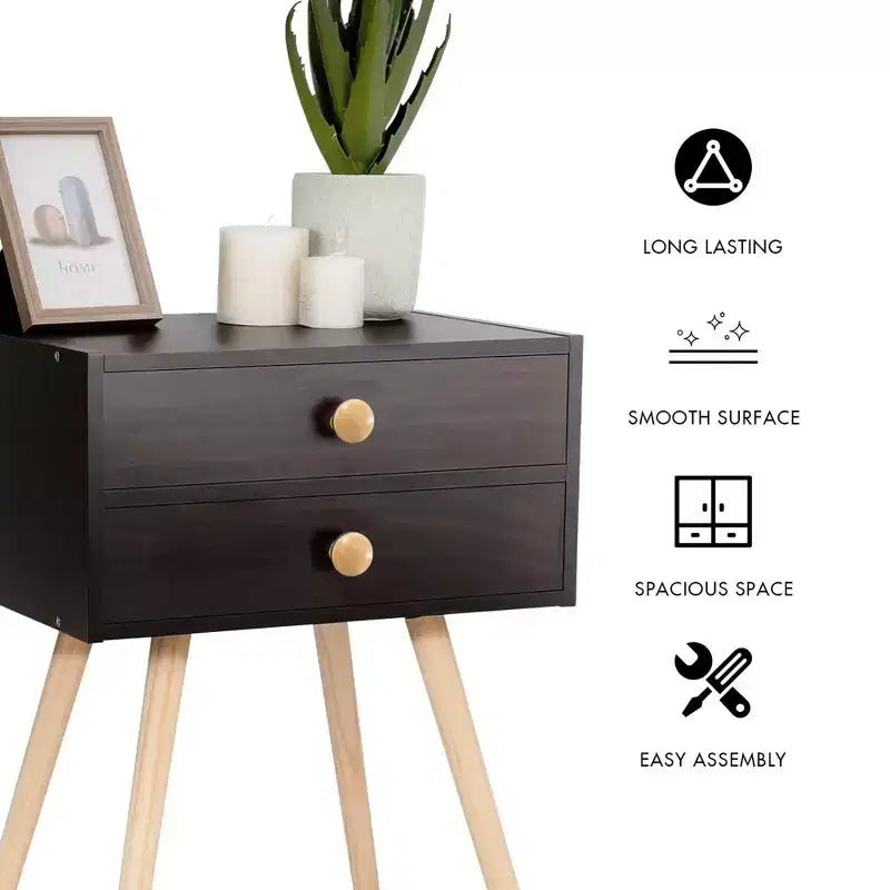 Set of 2 Mid-Century Modern Nightstands with 2 Drawers – Espresso, MDF, 15x11x24"