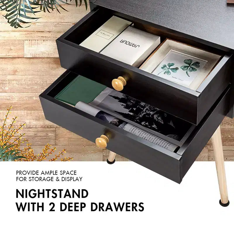 Set of 2 Mid-Century Modern Nightstands with 2 Drawers – Espresso, MDF, 15x11x24"