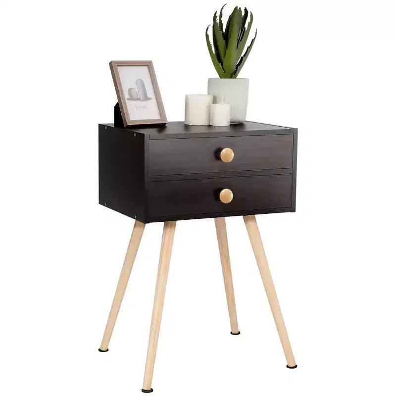 Set of 2 Mid-Century Modern Nightstands with 2 Drawers – Espresso, MDF, 15x11x24"