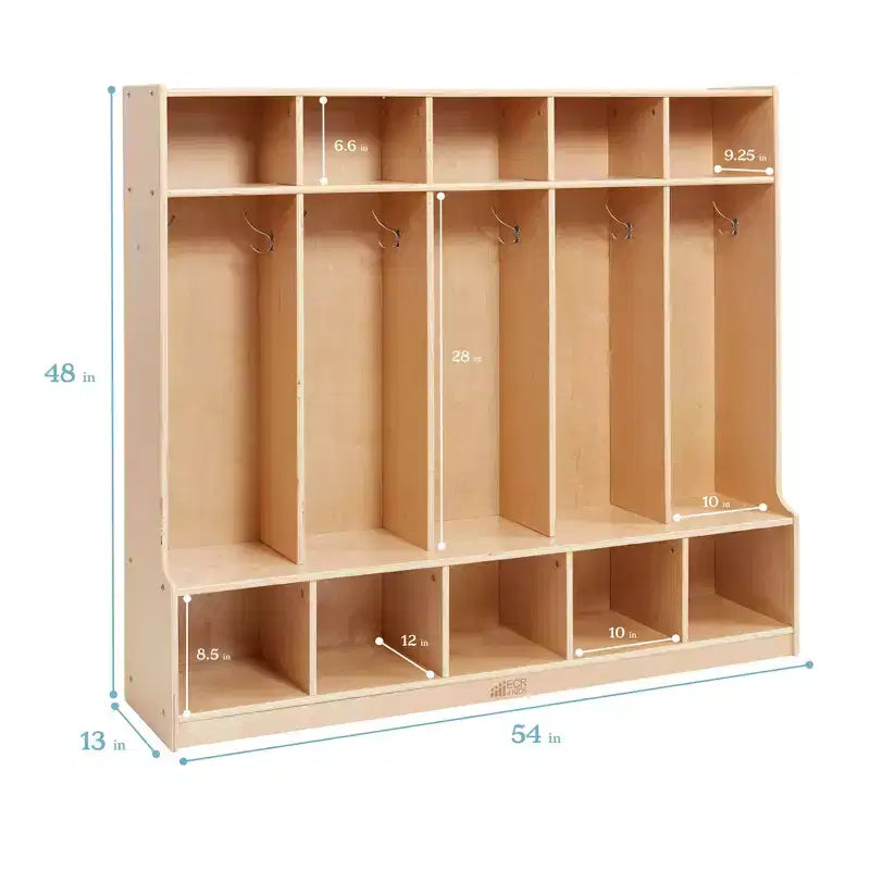 5-Section Kids Coat Locker with Bench & 5 Storage Bins – Birch Wood, GREENGUARD Gold