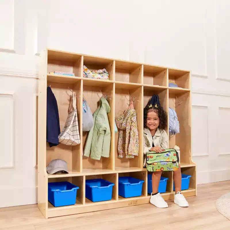 5-Section Kids Coat Locker with Bench & 5 Storage Bins – Birch Wood, GREENGUARD Gold