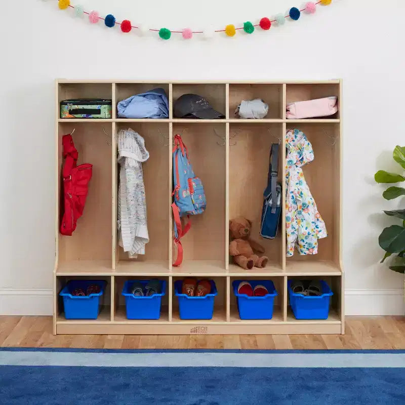 5-Section Kids Coat Locker with Bench & 5 Storage Bins – Birch Wood, GREENGUARD Gold