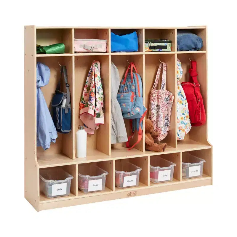 5-Section Kids Coat Locker with Bench & 5 Storage Bins – Birch Wood, GREENGUARD Gold