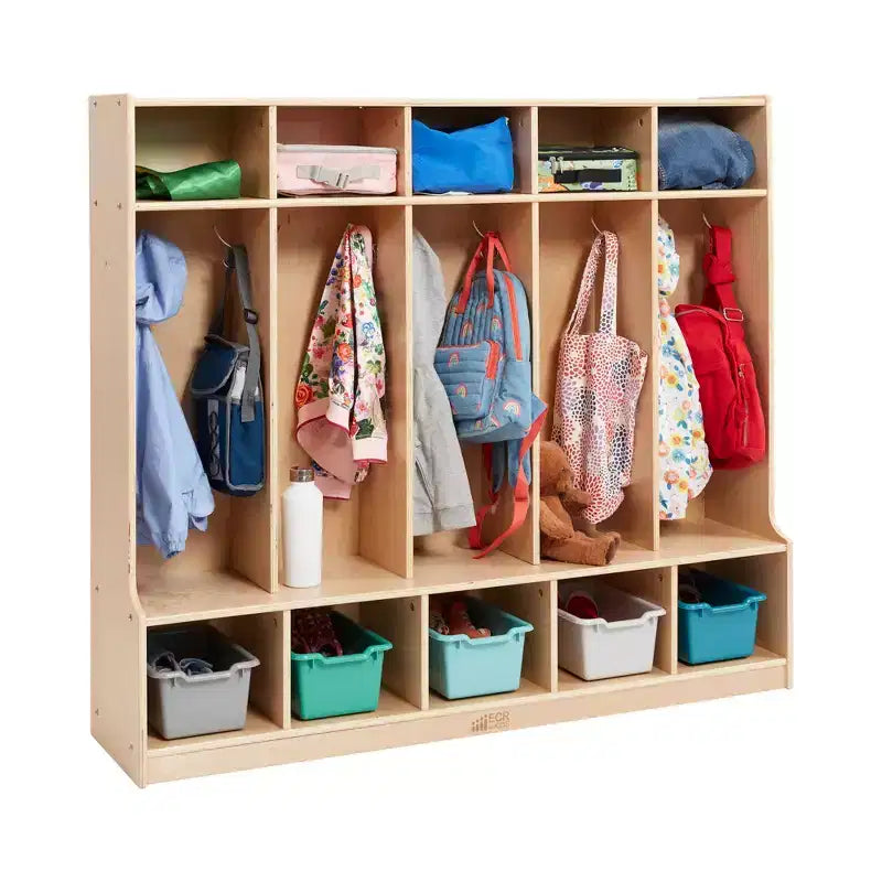 5-Section Kids Coat Locker with Bench & 5 Storage Bins – Birch Wood, GREENGUARD Gold