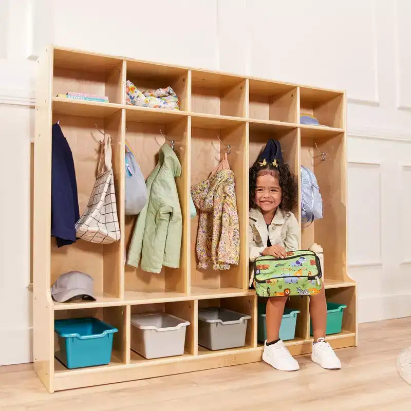5-Section Kids Coat Locker with Bench & 5 Storage Bins – Birch Wood, GREENGUARD Gold