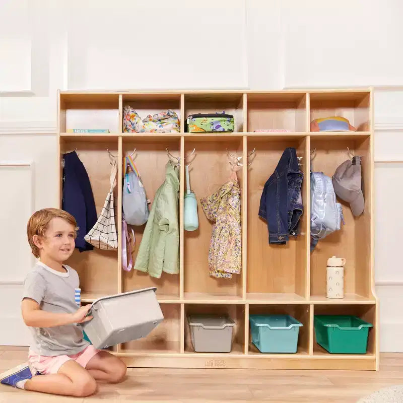 5-Section Kids Coat Locker with Bench & 5 Storage Bins – Birch Wood, GREENGUARD Gold