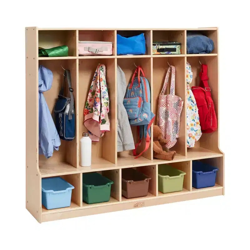 5-Section Kids Coat Locker with Bench & 5 Storage Bins – Birch Wood, GREENGUARD Gold