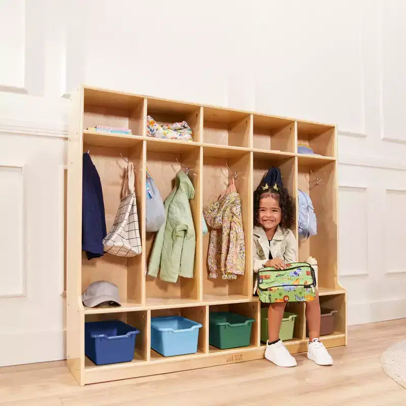 5-Section Kids Coat Locker with Bench & 5 Storage Bins – Birch Wood, GREENGUARD Gold