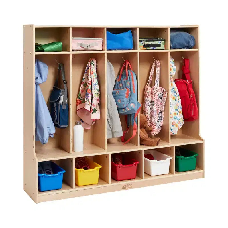 5-Section Kids Coat Locker with Bench & 5 Storage Bins – Birch Wood, GREENGUARD Gold