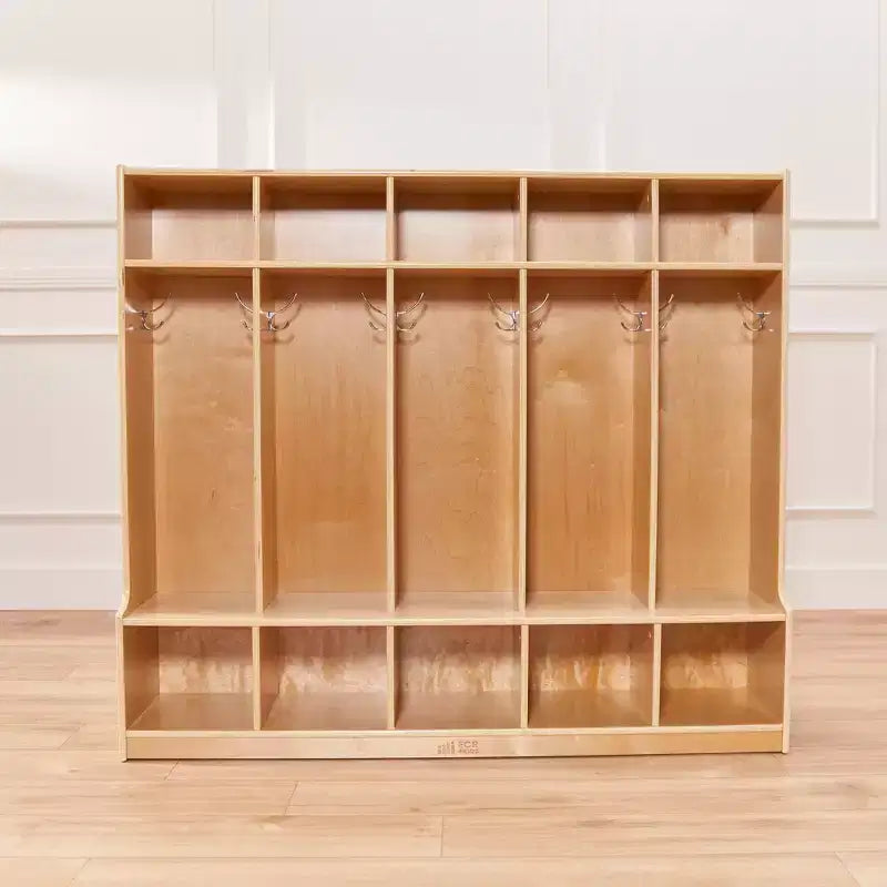 5-Section Kids Coat Locker with Bench & 5 Storage Bins – Birch Wood, GREENGUARD Gold