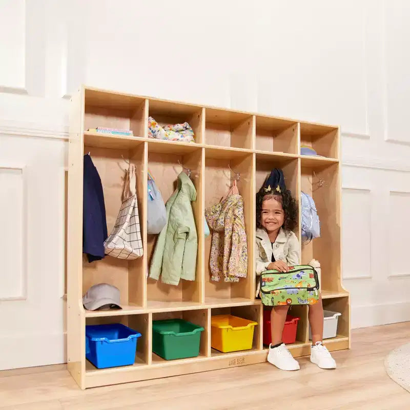 5-Section Kids Coat Locker with Bench & 5 Storage Bins – Birch Wood, GREENGUARD Gold
