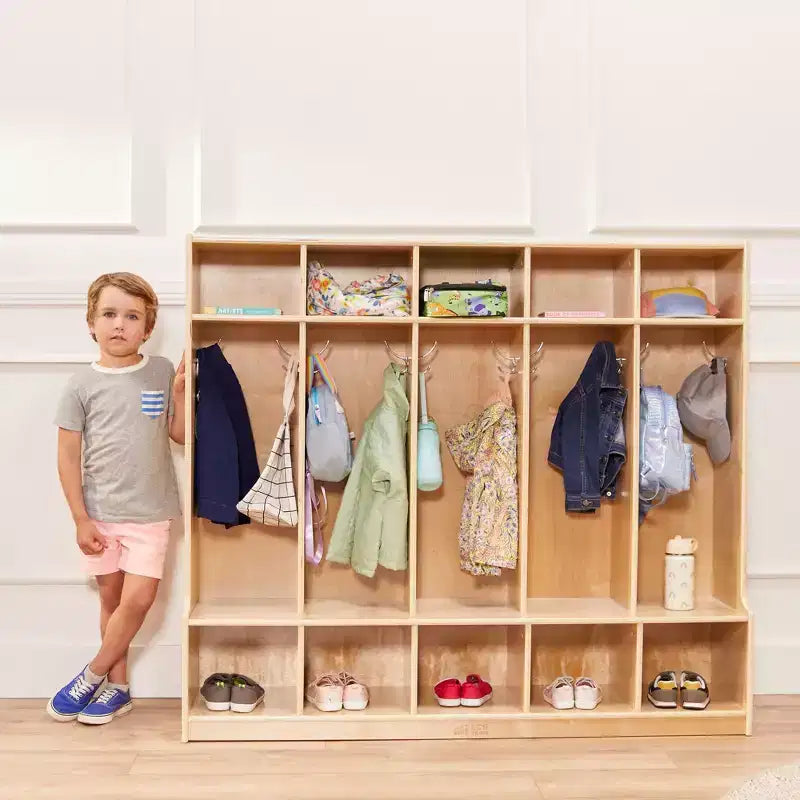 5-Section Kids Coat Locker with Bench & 5 Storage Bins – Birch Wood, GREENGUARD Gold